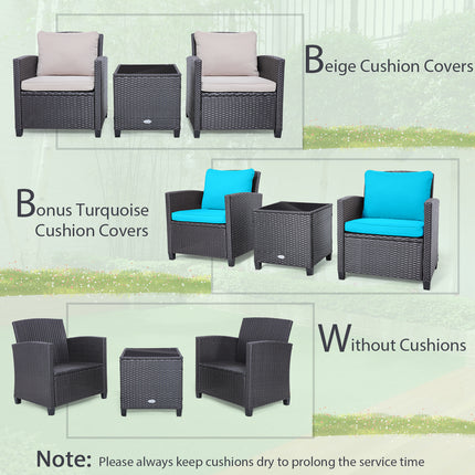Rattan Patio Furniture Set with Washable Cushion, Beige & Turquoise, 3 Pieces , Costway, 8