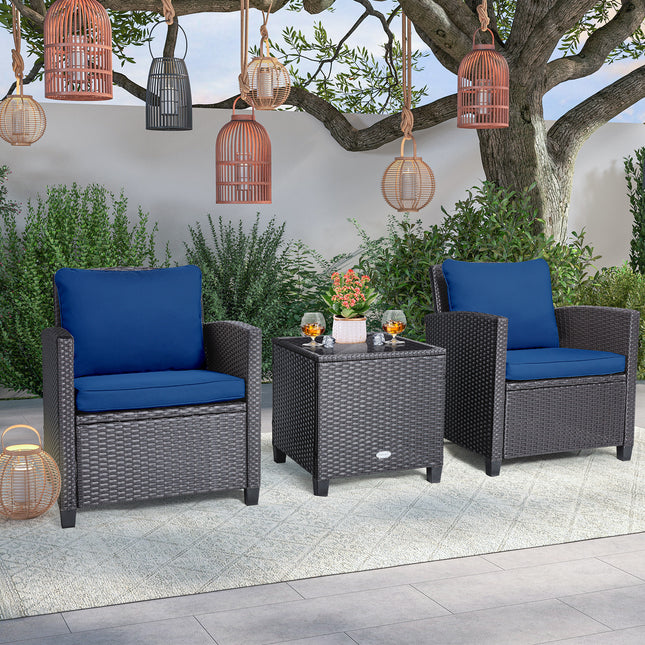 Rattan Patio Furniture Set with Washable Cushion, 3 Pieces  Dark Blue, Costway, 2