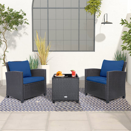 Rattan Patio Furniture Set with Washable Cushion, 3 Pieces  Dark Blue, Costway, 3