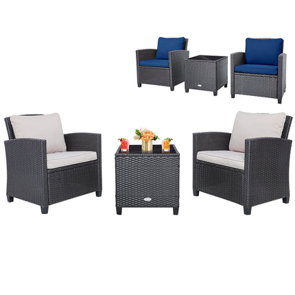 Rattan Patio Furniture Set with Washable Cushion, 3 Pieces  Dark Blue, Costway, 5