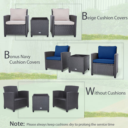 Rattan Patio Furniture Set with Washable Cushion, 3 Pieces  Dark Blue, Costway, 7