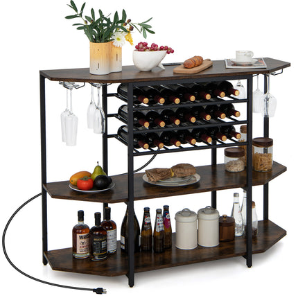 3-Tier Wine Bar Cabinet with Storage Shelves, Brown, Costway, 5