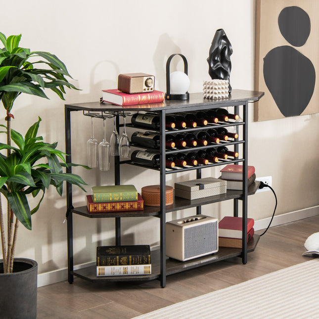 3-Tier Wine Bar Cabinet with Storage Shelves, Gray, Costway, 2