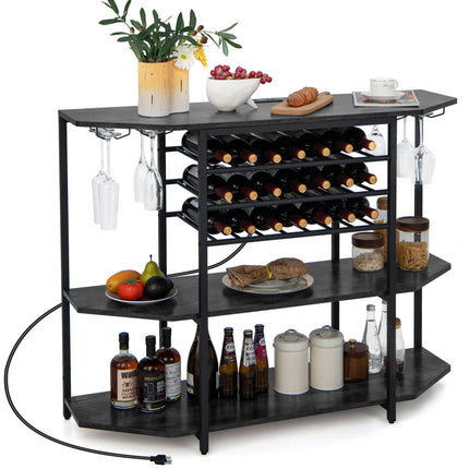 3-Tier Wine Bar Cabinet with Storage Shelves, Gray, Costway, 5