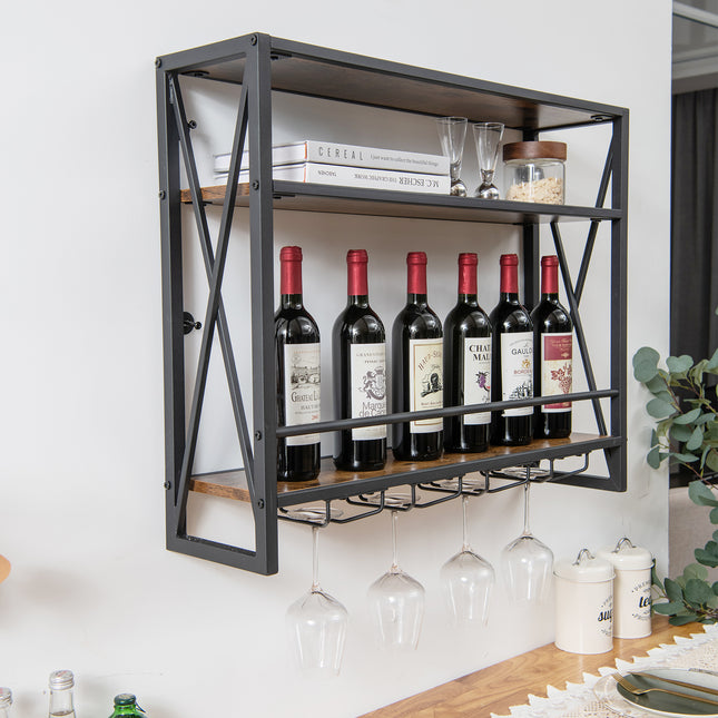 3-Tiers Industrial Wall Mounted Wine Rack with Glass Holder and Metal Frame, Costway, 2