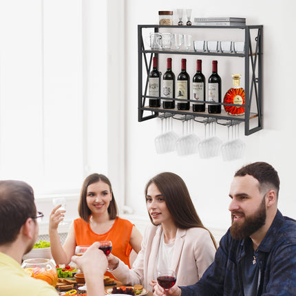 3-Tiers Industrial Wall Mounted Wine Rack with Glass Holder and Metal Frame, Costway, 3