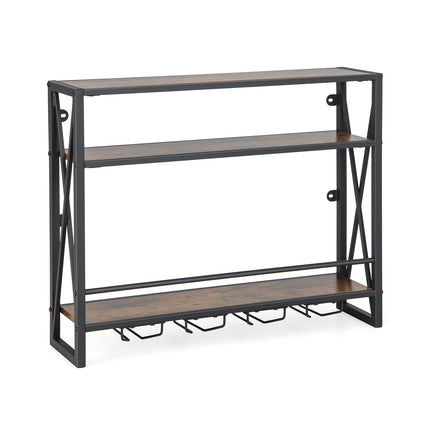 3-Tiers Industrial Wall Mounted Wine Rack with Glass Holder and Metal Frame, Costway, 4