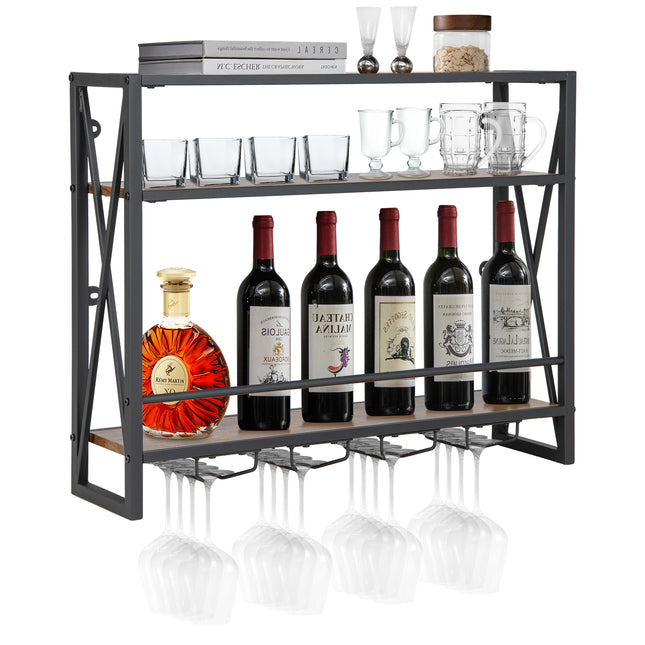 3-Tiers Industrial Wall Mounted Wine Rack with Glass Holder and Metal Frame, Costway, 5
