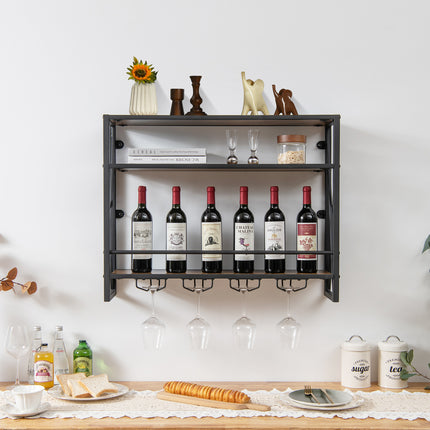 3-Tiers Industrial Wall Mounted Wine Rack with Glass Holder and Metal Frame, Costway, 7
