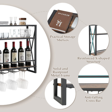 3-Tiers Industrial Wall Mounted Wine Rack with Glass Holder and Metal Frame, Costway