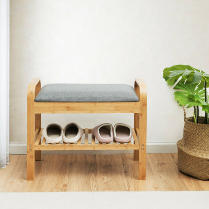 Shoe Rack, Shoe Bench Bamboo with Storage Shelf, Natural, Costway, 3