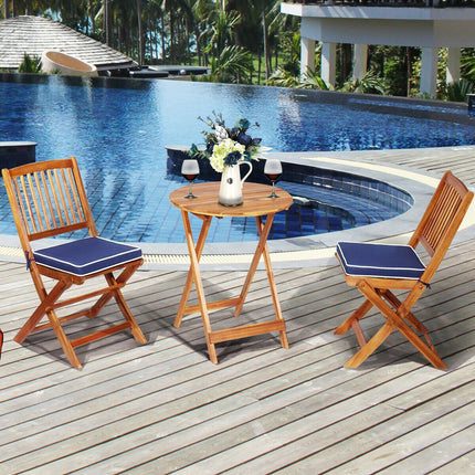 Patio Folding Bistro Set with Padded Cushion and Round Coffee Table, Navy, 3 Pieces, Costway, 3