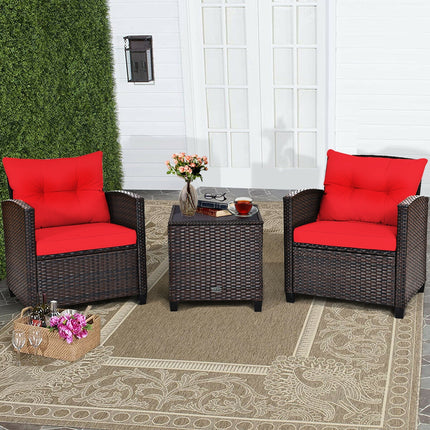 Patio Rattan Furniture Set Cushioned Conversation Set Coffee Table, Red, 3 Pcs , Costway, 9