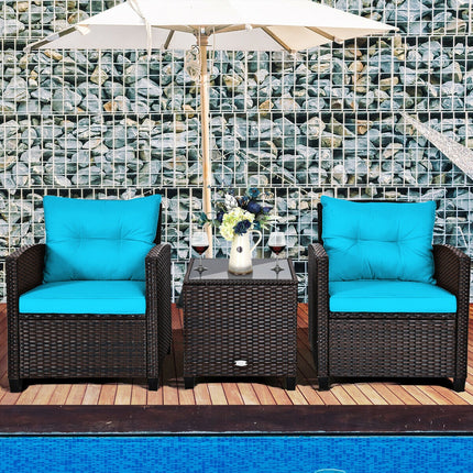 Patio Rattan Furniture Set Cushioned Conversation Set Coffee Table, Turquoise, 3 Pcs , Costway, 2