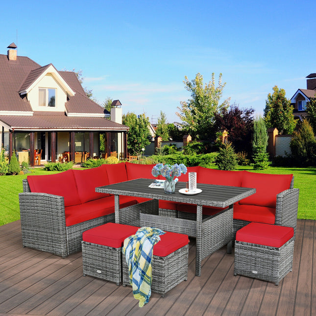 Outdoor Dining set, Patio Rattan Dining Furniture Sectional Sofa Set with Wicker Ottoman, Red, 7 Pieces, Costway, 1