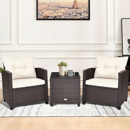 Patio Rattan Furniture Set Cushioned Conversation Set Coffee Table, 3 Pcs , Costway, 9