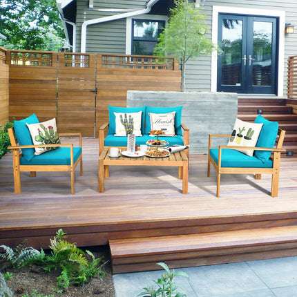 Outdoor Dining set, Outdoor Acacia Wood Chat Set with Water Resistant Cushions, Turquoise, 4 Pieces, Costway, 8