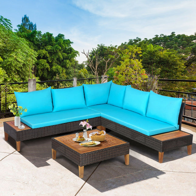 Outdoor Patio Furniture, Patio Cushioned Rattan Furniture Set with Wooden Side Table, Turquoise, 4 Pieces, Costway