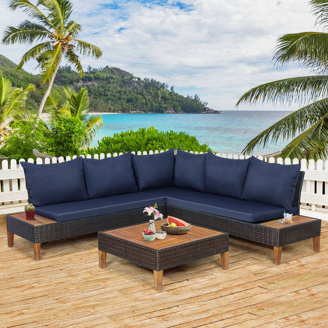 Patio Cushioned Rattan Furniture Set with Wooden Side Table, Navy, 4 Pieces , Costway, 2