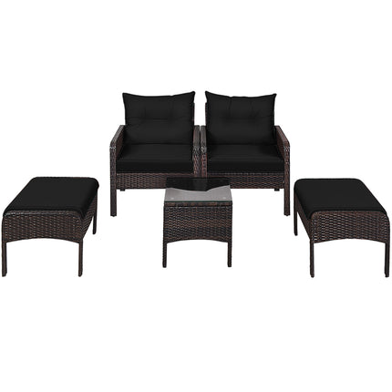 Patio Rattan Sofa Ottoman Furniture Set with Cushions, 5 Pieces , Black, Costway