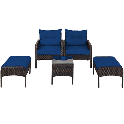 Patio Rattan Sofa Ottoman Furniture Set with Cushions, 5 Pieces , Navy, Costway