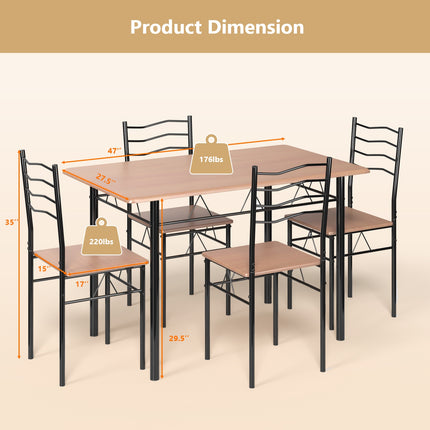 Wood Metal Dining Table Set with 4 Chairs, 5 Pieces, Natural, Costway, 6