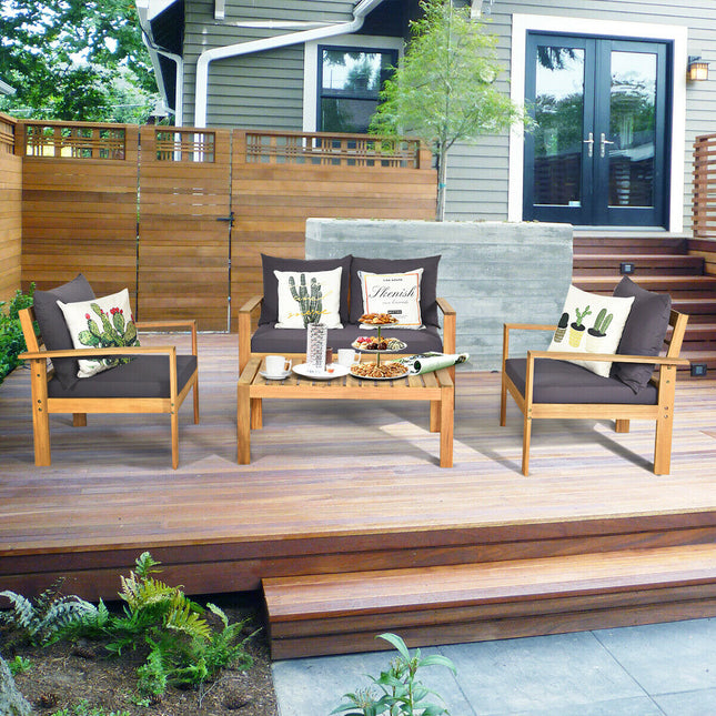 Outdoor Patio Furniture, Outdoor 4 Pieces Acacia Wood Chat Set with Water Resistant Cushions, Gray, Costway, 3