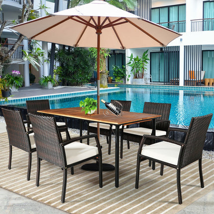 Outdoor Patio Furniture, Patio Rattan Cushioned Dining Set with Umbrella Hole, 7 PCS, Costway, 3