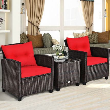 Patio Rattan Furniture Set Cushioned Conversation Set Coffee Table, Red, 3 Pcs , Costway, 3