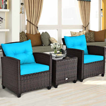 Patio Rattan Furniture Set Cushioned Conversation Set Coffee Table, Turquoise, 3 Pcs , Costway, 3
