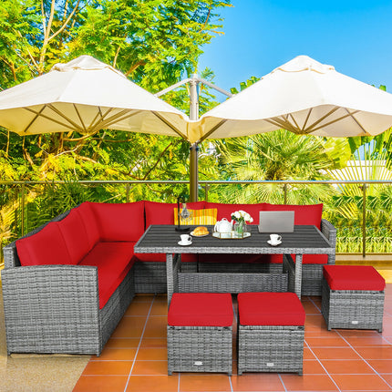 Outdoor Dining set, Patio Rattan Dining Furniture Sectional Sofa Set with Wicker Ottoman, Red, 7 Pieces, Costway, 6