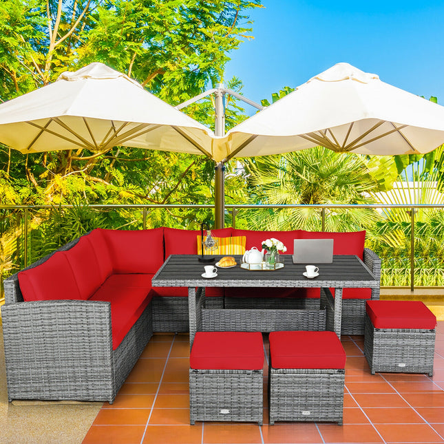 Patio Rattan Dining Furniture Sectional Sofa Set with Wicker Ottoman, Red, 7 Pieces , Costway, 2