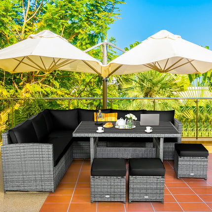 Outdoor Dining Set, Patio Rattan Dining Furniture Sectional Sofa Set with Wicker Ottoman, Black, 7 Pieces, Costway, 7