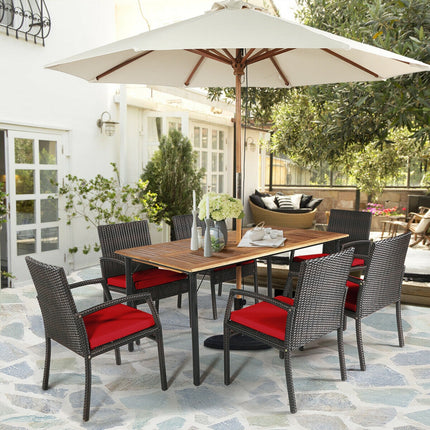 Outdoor Patio Furniture, Dining Set, Patio Rattan Cushioned Dining Set with Umbrella Hole, Red, 7 Pcs, Costway, 5