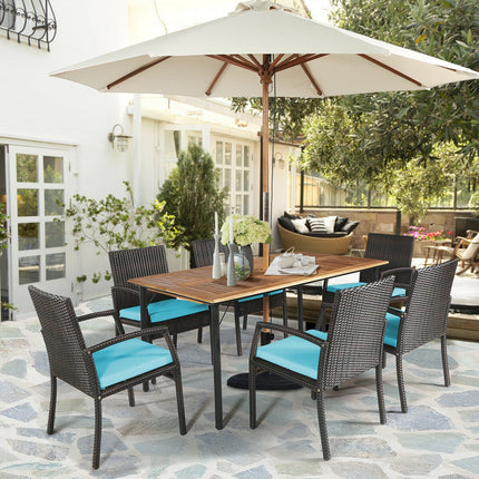 Outdoor Patio Furniture, Patio Rattan Cushioned Dining Set with Umbrella Hole, Turquoise, Table, 6 Chairs, 7 Pcs, Costway, 3