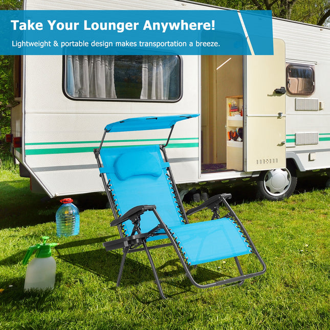 Folding Recliner Lounge Chair with Shade Canopy Cup Holder, Blue, Costway, 6