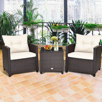 Patio Rattan Furniture Set Cushioned Conversation Set Coffee Table, 3 Pcs , Costway, 3