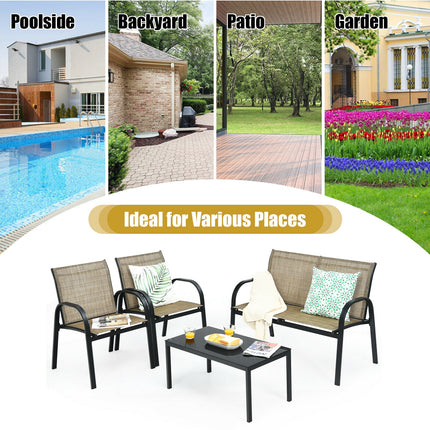 Patio Furniture Set with Glass Top Coffee Table, Brown, 4 Pieces, Costway, 8