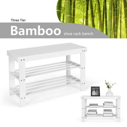 3-Tier Bamboo Shoe Bench Holds up to 6 Pairs for Entry, White, Costway