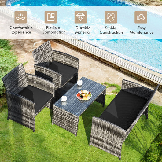 Patio Rattan Furniture Set Conversation Glass Table Top Sofa Cushioned  Black, 4PCS , Costway, 5