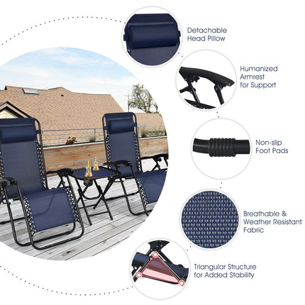 Folding Portable Zero Gravity Reclining Lounge Chairs Table Set, Navy, 3 Pieces , Costway