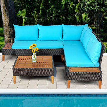 Outdoor Patio Furniture, Patio Cushioned Rattan Furniture Set with Wooden Side Table, Turquoise, 4 Pieces, Costway, 3