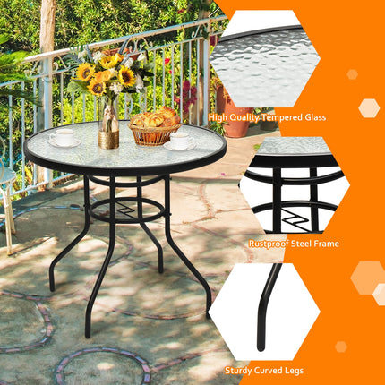 Patio Tempered Glass Steel Frame Round Table with Convenient Umbrella Hole 32 Inch, Costway