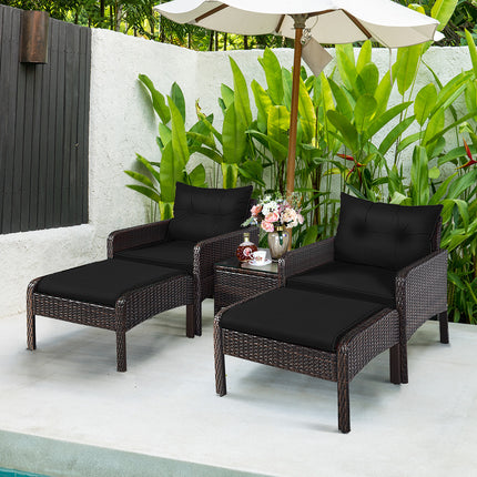Patio Rattan Sofa Ottoman Furniture Set with Cushions, 5 Pieces , Black, Costway, 3