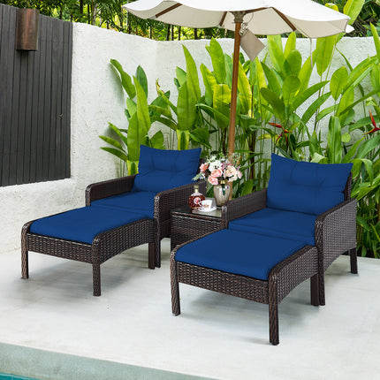 Patio Rattan Sofa Ottoman Furniture Set with Cushions, 5 Pieces , Navy, Costway, 3