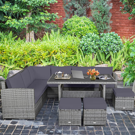 Outdoor Patio Furniture, Outdoor Dining Set, Dining Set, Patio Rattan Dining Sectional Sofa Set with Ottoman, Costway, 4