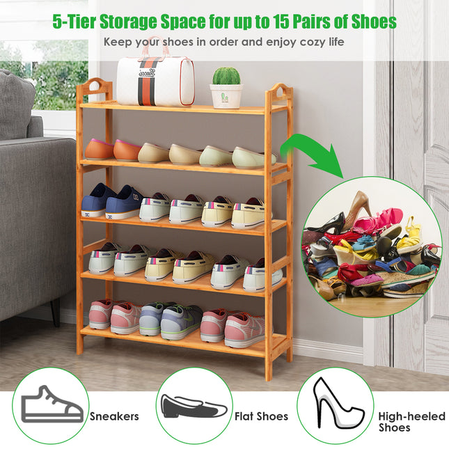 Shoe Rack, 5-Tier Bamboo Freestanding Shoe Rack, Natural, Costway, 2