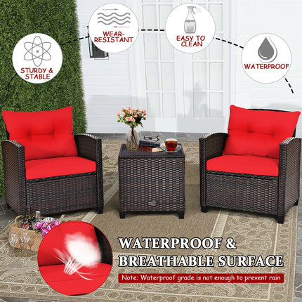 Patio Rattan Furniture Set Cushioned Conversation Set Coffee Table, Red, 3 Pcs , Costway, 7