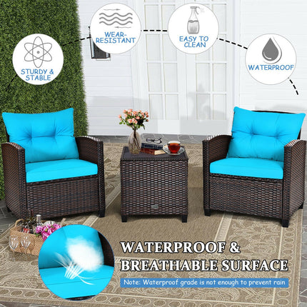 Patio Rattan Furniture Set Cushioned Conversation Set Coffee Table, Turquoise, 3 Pcs , Costway, 7