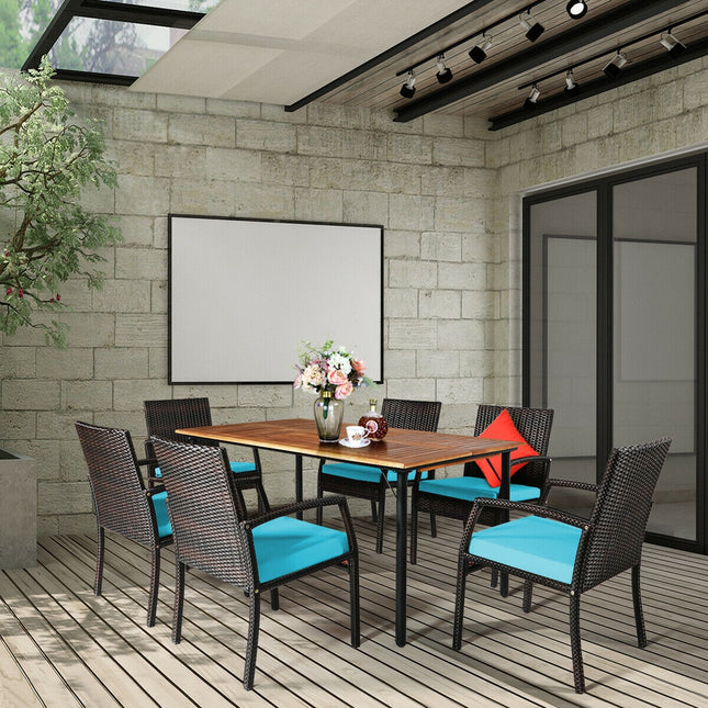 Outdoor Patio Furniture, Patio Rattan Cushioned Dining Set with Umbrella Hole, Turquoise, Table, 6 Chairs, 7 Pcs, Costway, 1